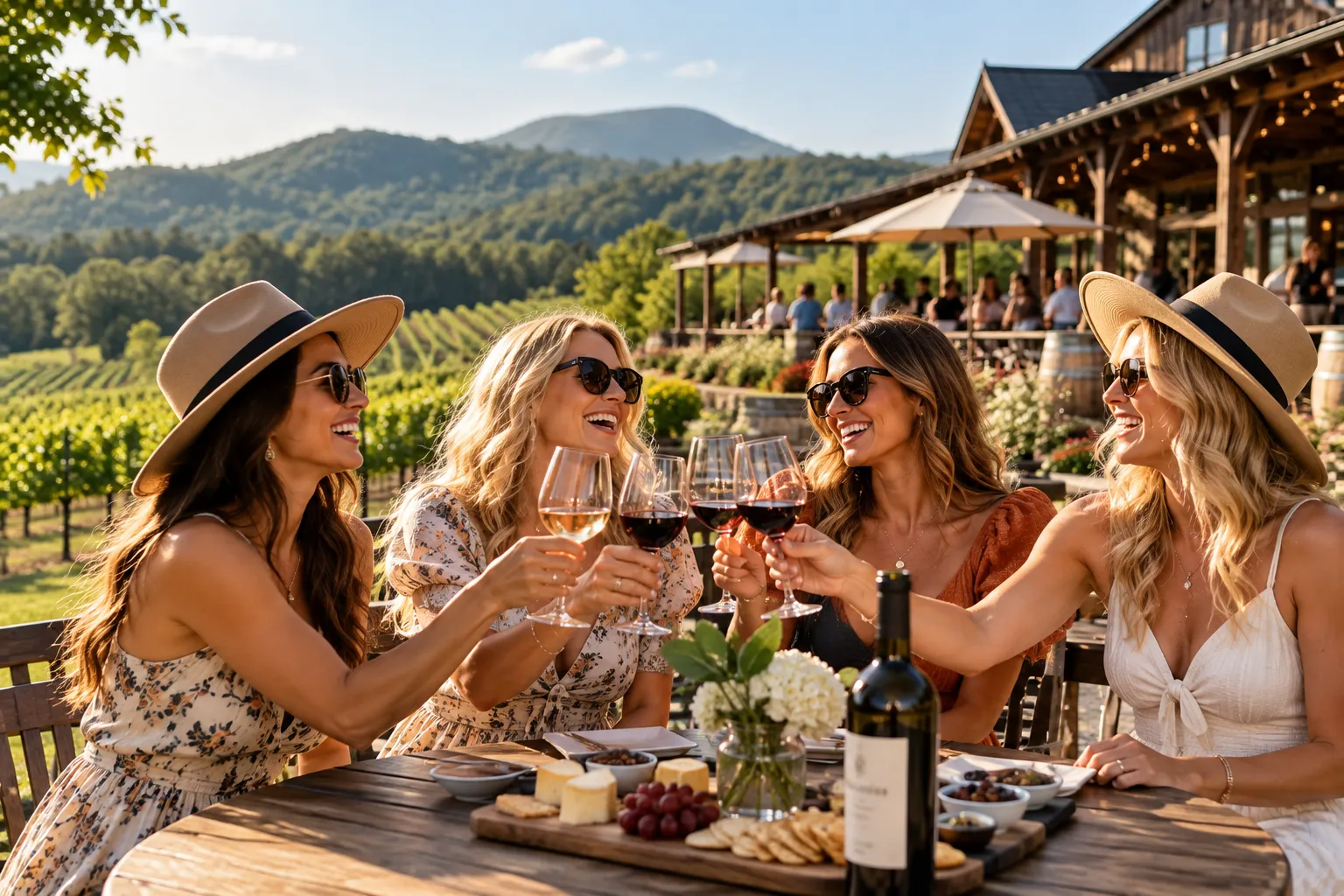 Friends toasting at a North Georgia vineyard on a chauffeured wine tour